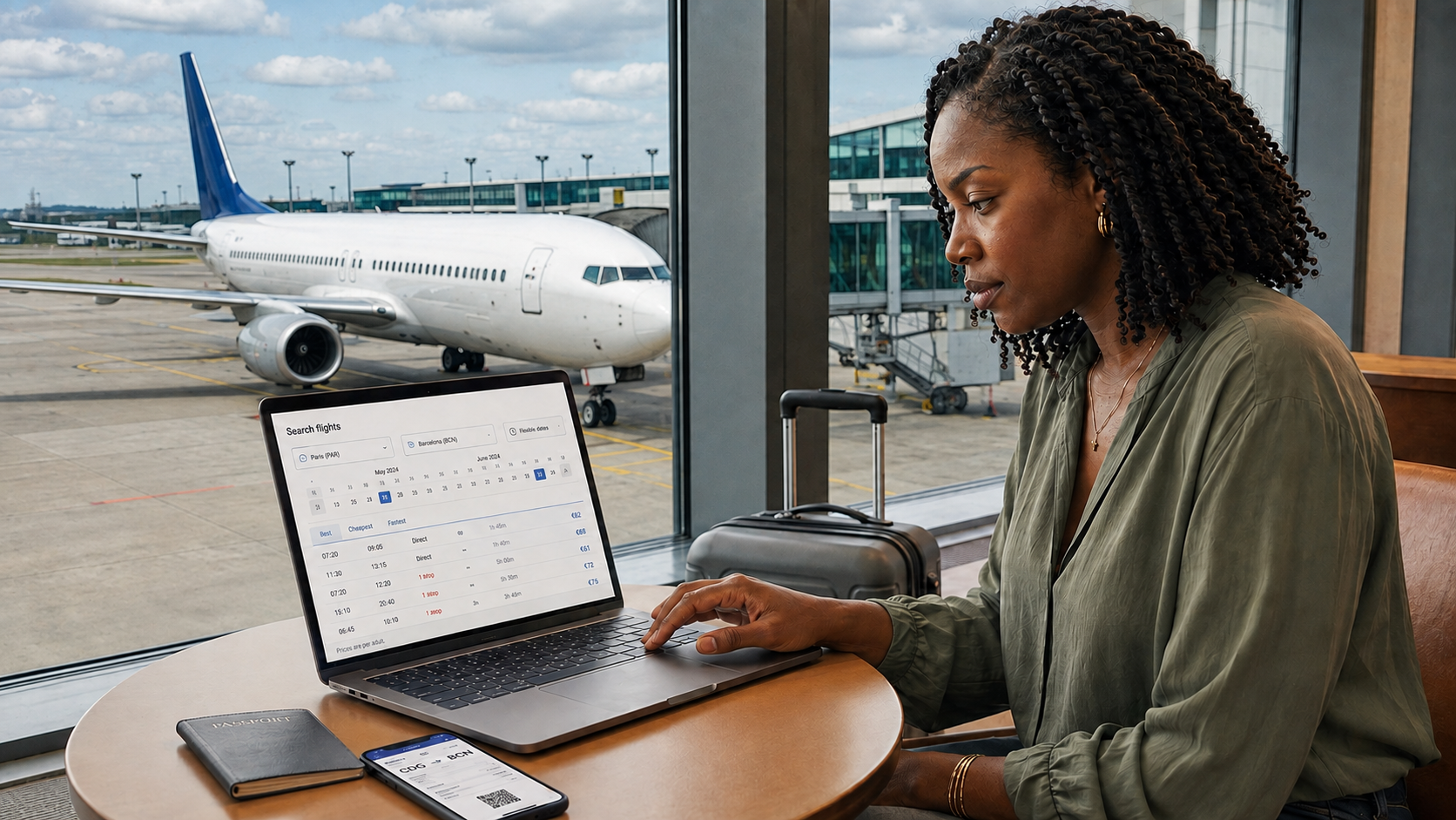Une voyageuse compare les vols sur son ordinateur dans un aéroport, un avion visible derrière la vitre
