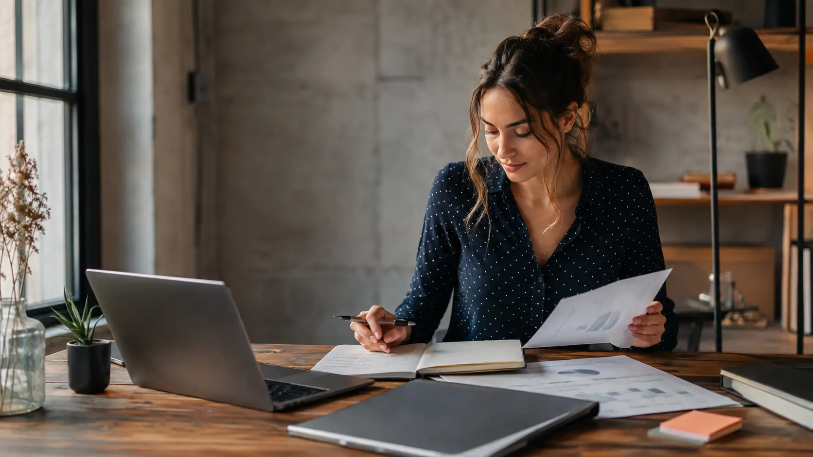 Une entrepreneure organise ses documents administratifs à son bureau