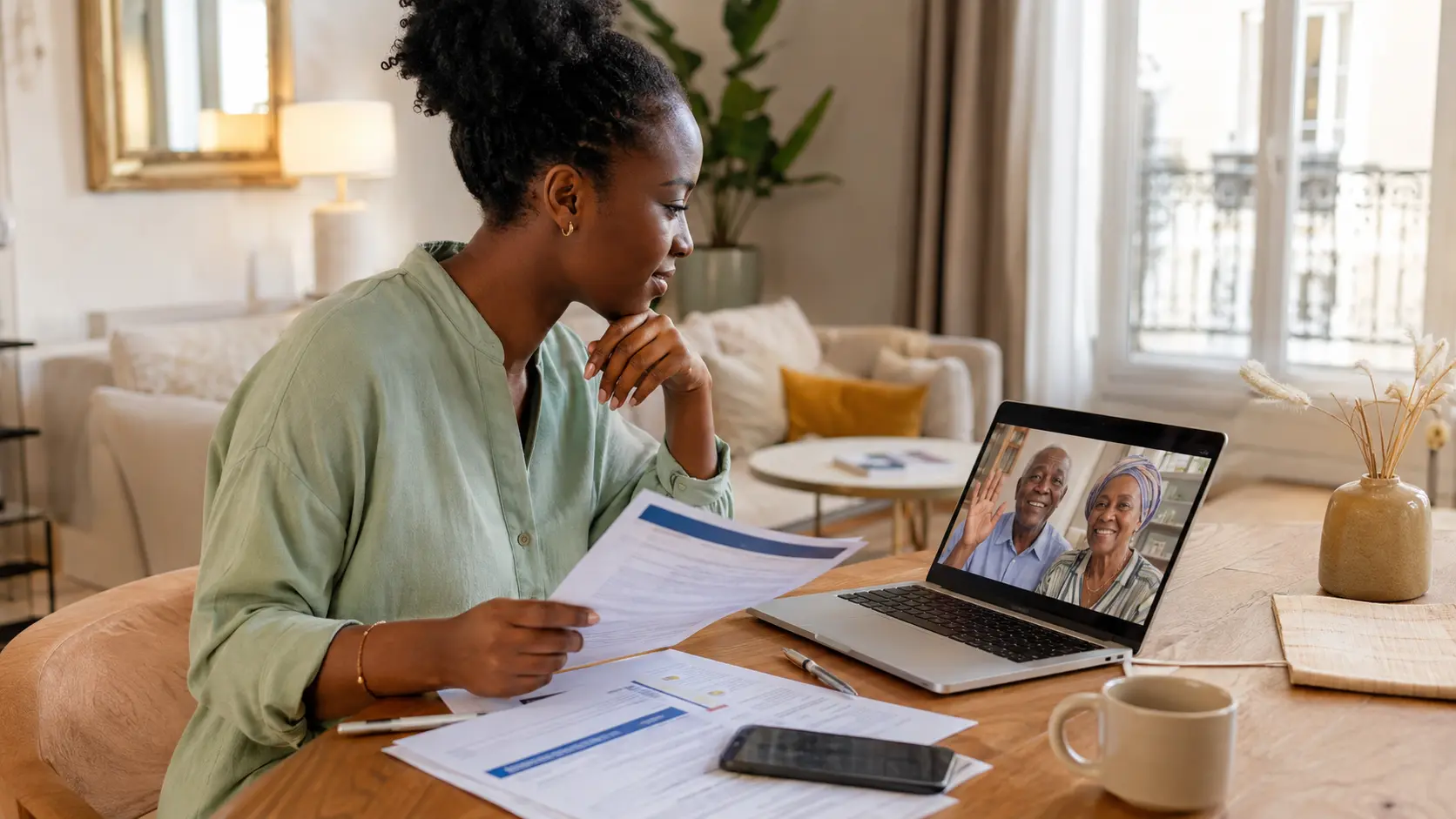 Une femme échange en visioconférence avec ses parents tout en préparant un dossier